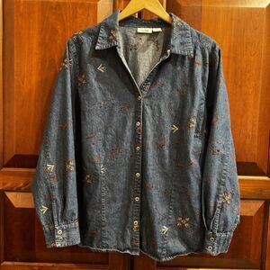 Vintage Ms LEE Denim Button Front Floral Embroidered Long Sleeve Shirt 3X